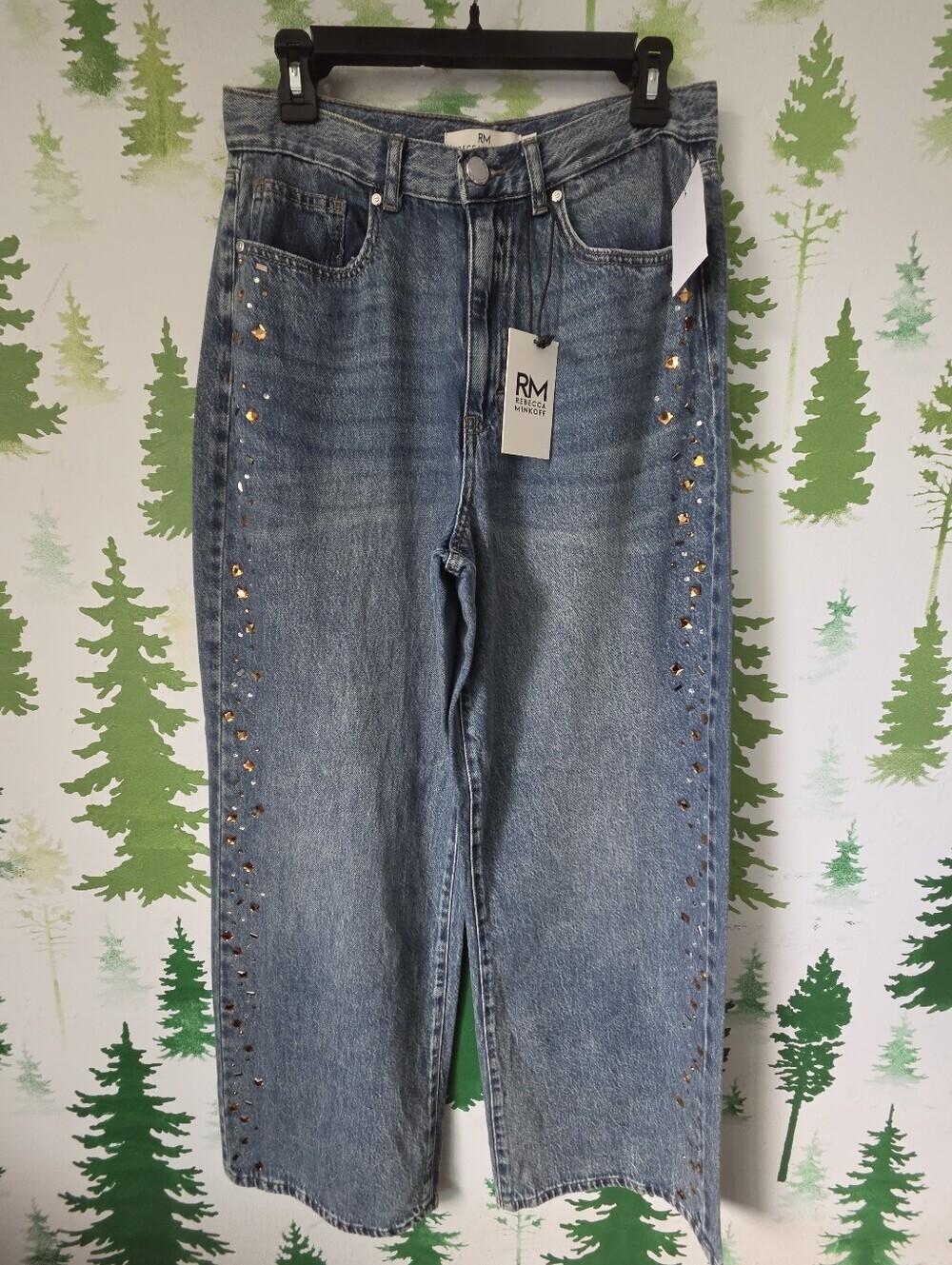 Rebecca Minkoff Rhinestone Bridget Straight Wide Leg Jeans